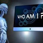 Blue looking skeleton watching a screen wit the words who am I